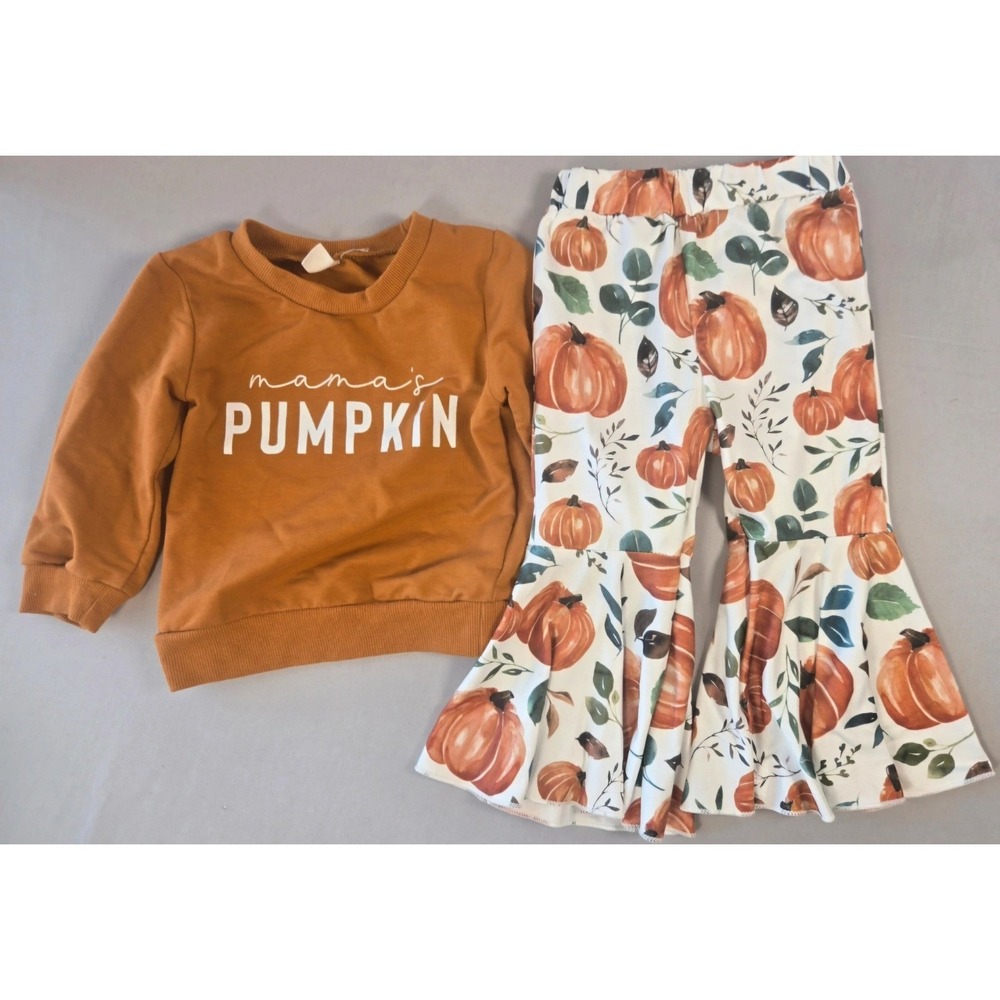 Boutique Orange Mama's Pumpkin Outfit Set Kids Size 90 Fall Bell Bottoms Holiday